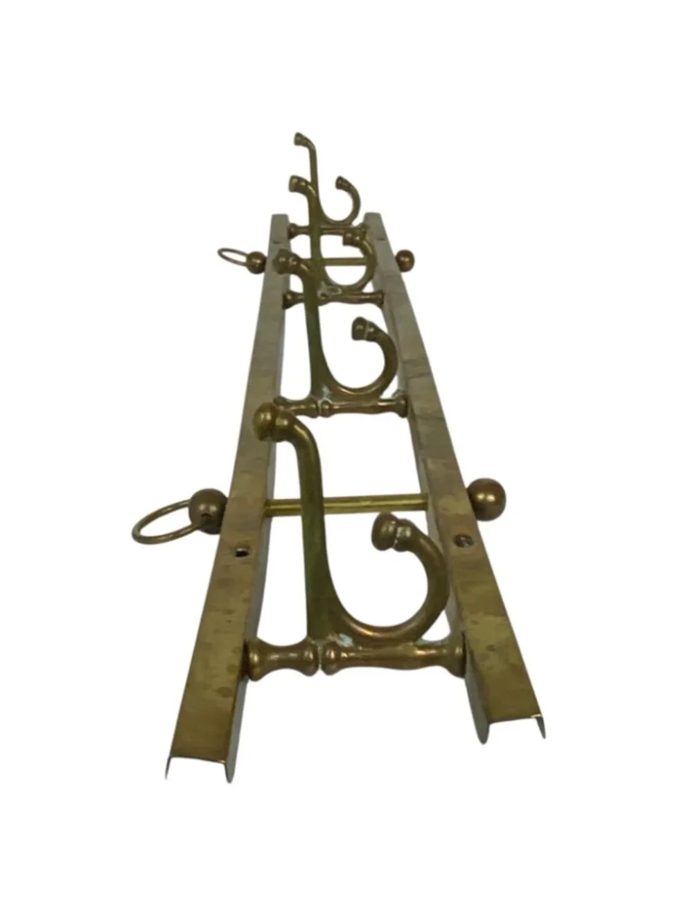 Vintage Brass Wall-Mounted Coat & Hat Rack With Ornate Hooks And Ring Details